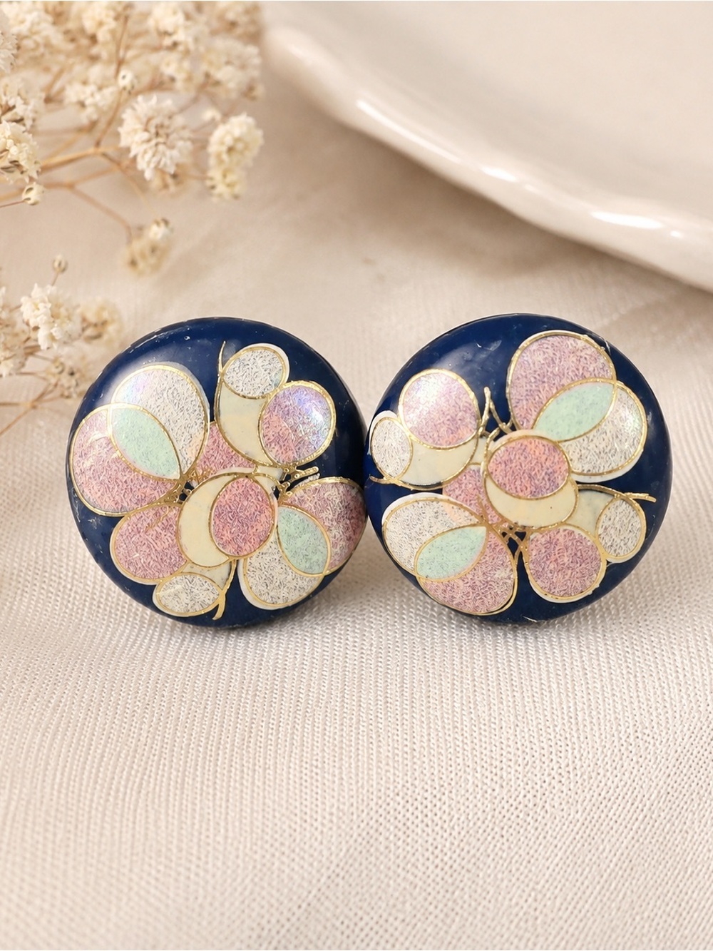 Vintage Navy Blue Floral Ceramic Stud Earrings Gold Tone Round Statement jewelry